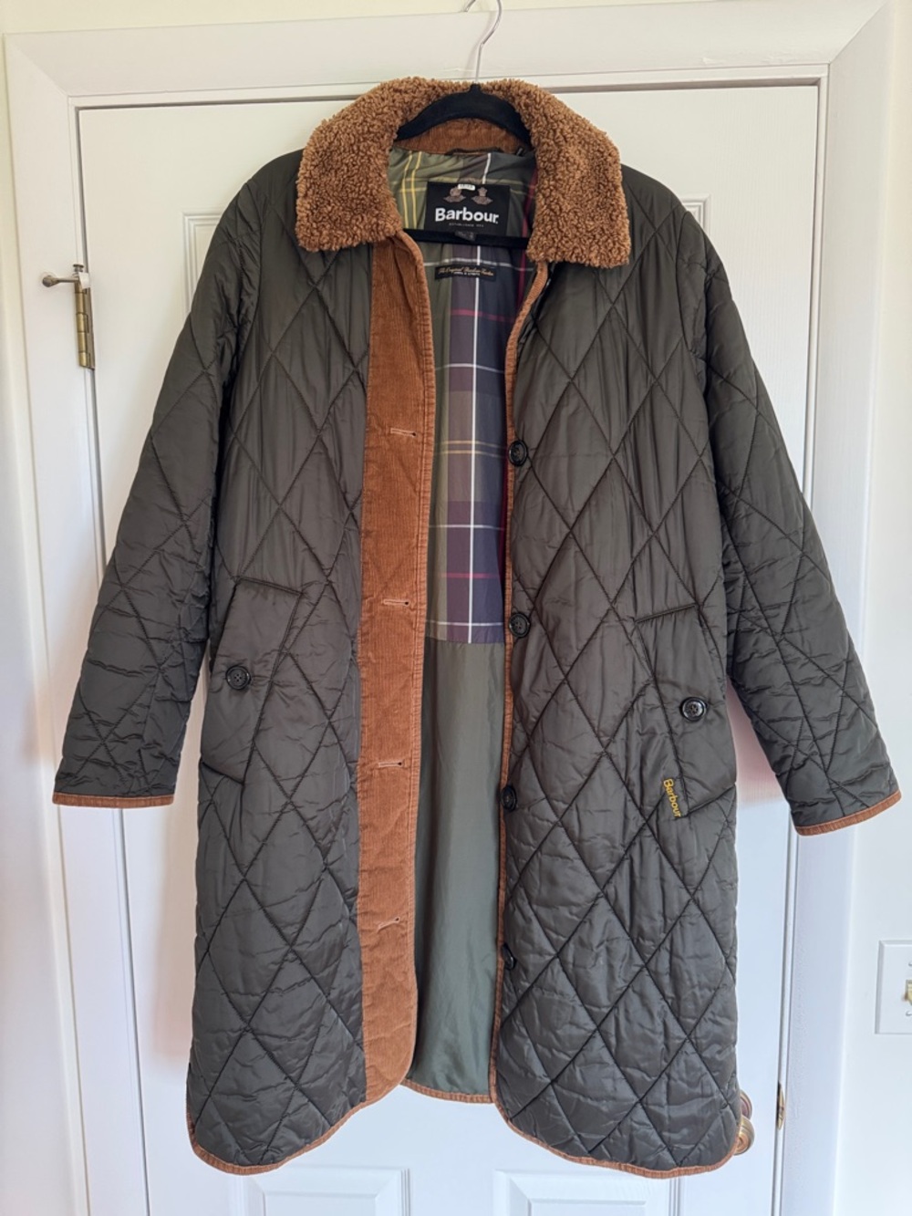 Barbour Olive Quilted Long Puffer Coat with Brown Sherpa Collar